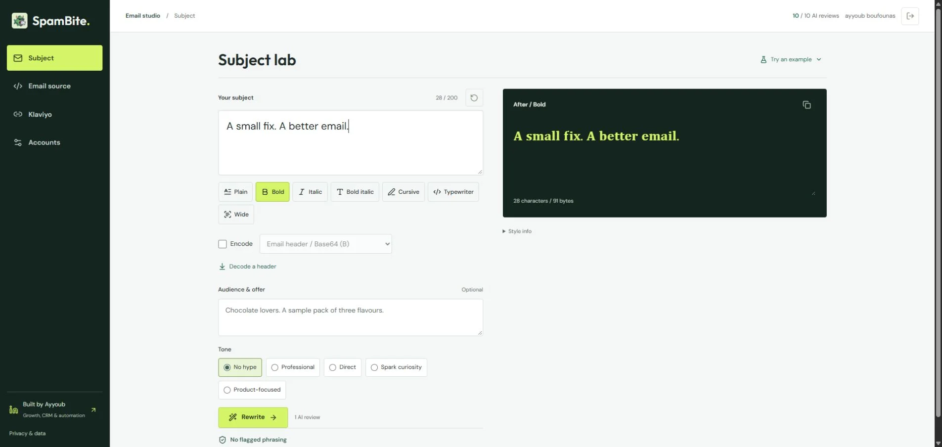 Live SpamBite subject lab with text styling and rewriting tools